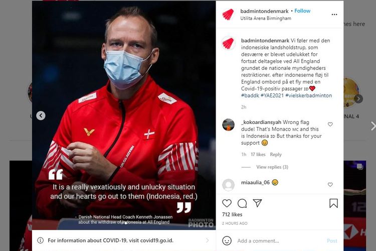 Unggahan di akun Instagram Federasi Badminton Denmark yang mengutarakan rasa simpatinya terhadap penarikan mundur kontingen Indonesia di All England 2021.