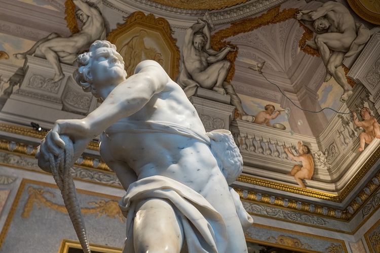 Ilustrasi museum - Koleksi patung yang terlihat di Galleria Borghese, Italia.