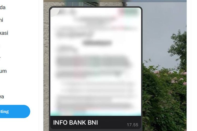 Tangkapan layar unggahan menyebut mendapatkan pesan dari BNI
