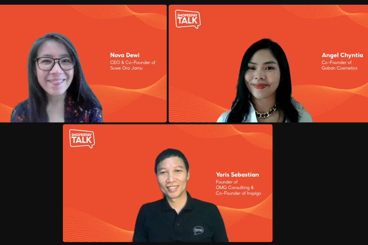 Para narasumber ShopeePay Talk, yakni CEO and Co-Founder Suwe Ora Jamu Nova Dewi dan Co-Founder Goban Cosmetics Angel Chyntia, dan Founder of OMG Consulting & Co-Founder of Inspigo Yoris Sebastian dalam acara yang bertajuk ?Ubah Hobi Jadi Bisnis, Kenapa Enggak??, Kamis (27/1/2022).