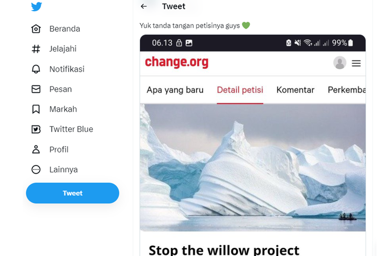 Tangkapan layar twit soal petisi stop the willow project. Willow project adalah proyek pengeboran minyak besar-besaran di Alaska yang telah disetujui pemerintahan Presiden Amerika Serikat (AS), Joe Biden pada Senin (13/3/2023).
