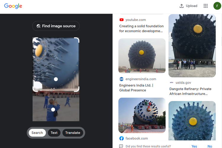 Tangkapan layar pencarian gambar di Google Lens, menampilkan reaktor hydrocracking seberat 3.000 ton yang berlokasi di kilang Dangote di Lagos, Nigeria.
