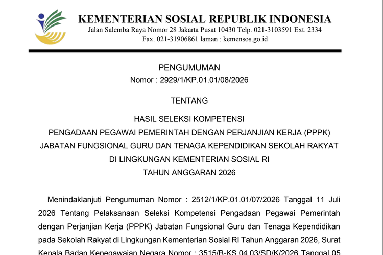 Cek Pengumuman PPPK Sekolah Rakyat 2026, Ini Link Resmi dan Cara Melihat Hasilnya