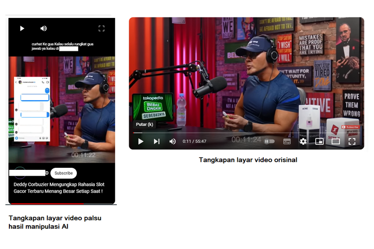 Perbandingan hasil tangkapan layar video rekayara di YouTube Short (kiri) dan video orisinal (kanan). Dalam stampel waktu yang hampir bersamaan, tampilan kedua video sangat berbeda. Di video orisinal, tidak ada tangkapan layar DM Instagram maupun teks promosi lain tentang judi online. Isi percakapan kedua video juga sangat berbeda.