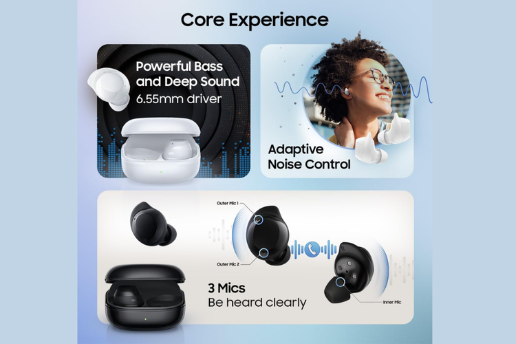 Samsung Galaxy Buds Core dibekali fitur Active Noise Cancellation (ANC) atau peredam bising aktif dan tiga mikrofon yang diklaim mampu menghasilkan panggilan sebening kristal atau yang disebut Samsung sebagai crystal clear calls.
