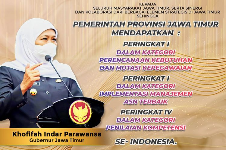 Pemerintah Provinsi (Pemprov) Jawa Timur (Jatim) berhasil memborong berbagai kategori penghargaan dari Badan Kepegawaian Negara (BKN) Award 2022