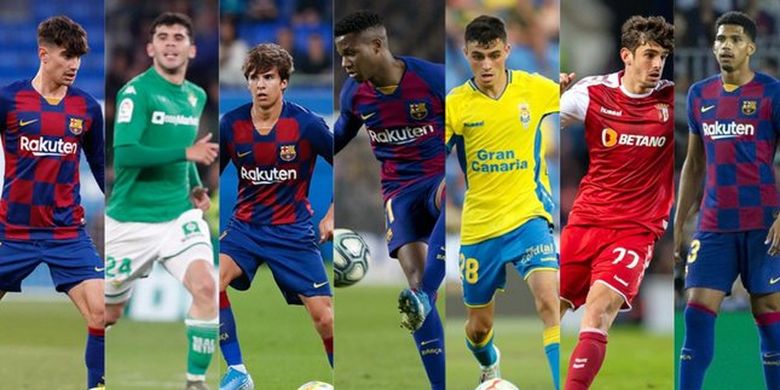 Galeri pemain muda Barcelona. Dari kiri ke kanan: Alex Collado, Carles Alena, Riqui Puig, Ansu Fati, Pedri, Francesco Trincao, dan Ronald Araujo.