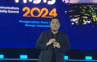 Menteri BUMN Erick Thohir dalam BUMN Corporate Communications and Sustainability Summit (BCOMSS) 2024 di Tennis Indoor Senayan, Jakarta, Kamis (7/3/2024). 