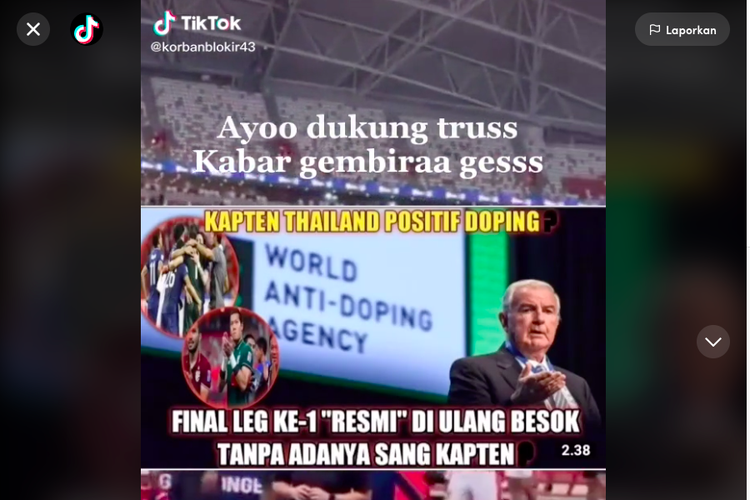 Tangkapan layar unggahan yang menyebut bahwa final leg pertama AFF 2020 diulang karena kasus doping Thailand