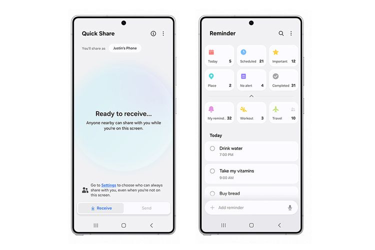 Tampilan Quick Share dan Reminder di One UI 8.