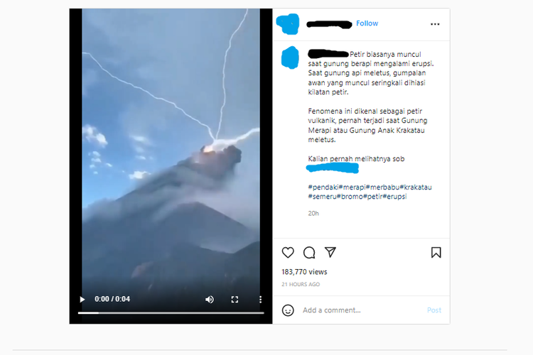 Tangkapan layar video yang menampilkan adanya petir saat gunung api erupsi.