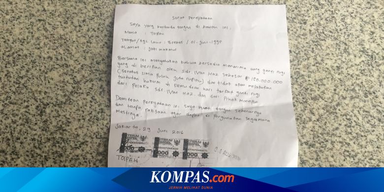 Ini Surat Pernyataan Korban Tak Akan Tuntut Ivan Haz