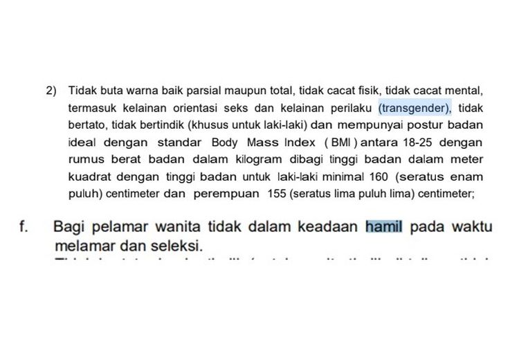 Tangkapan layar kebijakan persyaratan CPNS 2019 Kejagung dan Kemendag berisi larangan peserta wanita hamil dan LGBT melamar dan mendaftar CPNS 2019.