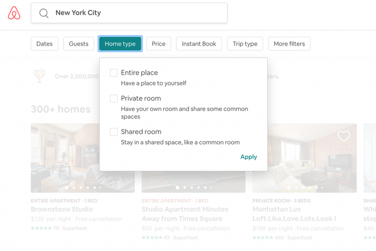 Contoh penggunaan filter dalam kolom search Airbnb