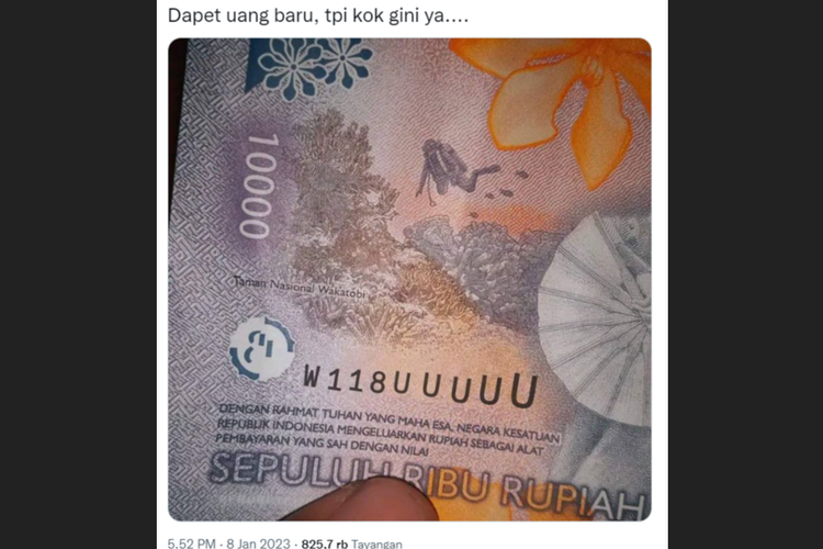 Tangkapan layar twit yang menampilkan foto uang baru Rp 10.000 dengan nomor seri unik.