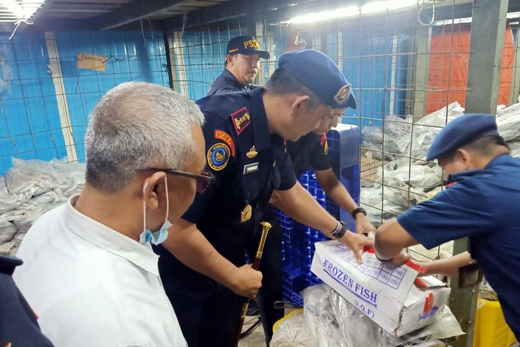 Kementerian Kelautan dan Perikanan (KKP) segel 1.130 kotak atau setara dengan 11,3 ton ikan beku impor jenis Salem (frozen Pacific Mackarel) di Palembang, Sumatera Selatan pada Senin (29/5/2023).