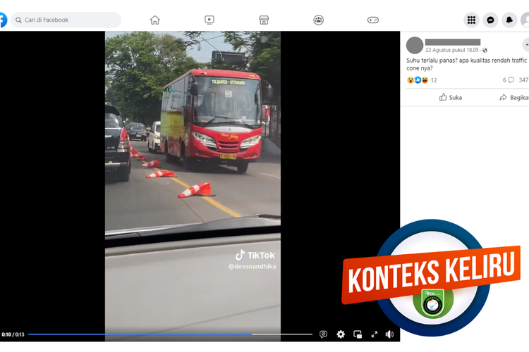 Tangkapan layar unggahan dengan konteks keliru di sebuah akun Facebook, Selasa (22/8/2023), soal pembatas jalan meleyot karena cuaca panas di Kota Semarang.