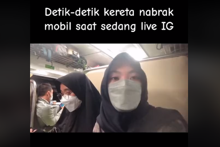 Tangkapan layar unggahan video yang memperlihatkan detik-detik kereta api tertabrak mobil saat penumpang melakukan live Instagram (IG) viral di media sosial.