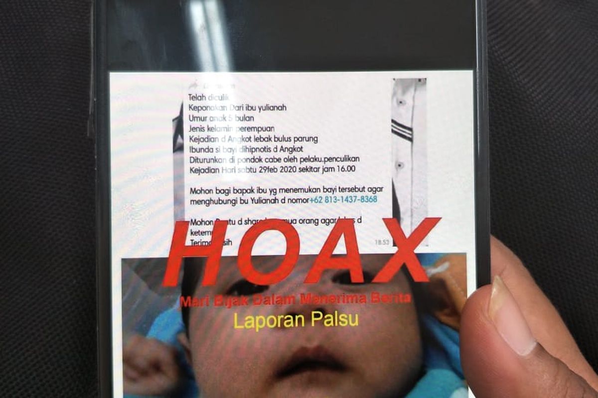 Sebuah pesan berantai tentang isu penculikan bayi berusia 5 bulan di Tangerang Selatan beredar melalui aplikasi pesan singkat WhatsApp, kemarin (29/2/2020).