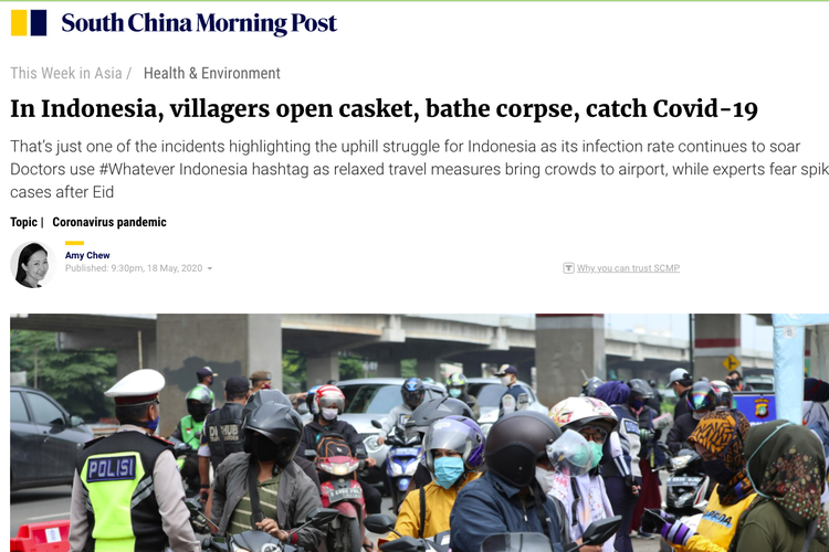 Tangkapan layar berita South China Morning Post tentang virus corona di Indonesia
