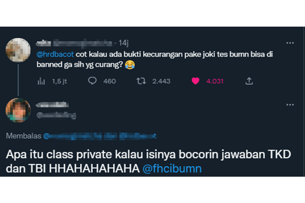 Tangkapan layar twit terkait indikasi kecurangan saat tes Rekrutmen Bersama BUMN 2022.