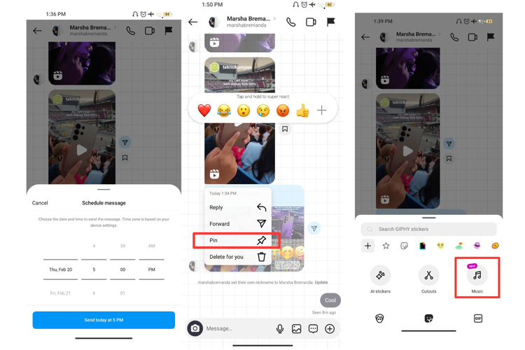 Ilustrasi penggunaan fitur menjadwalkan pesan, pin pesan, dan kirim musik di DM Instagram.