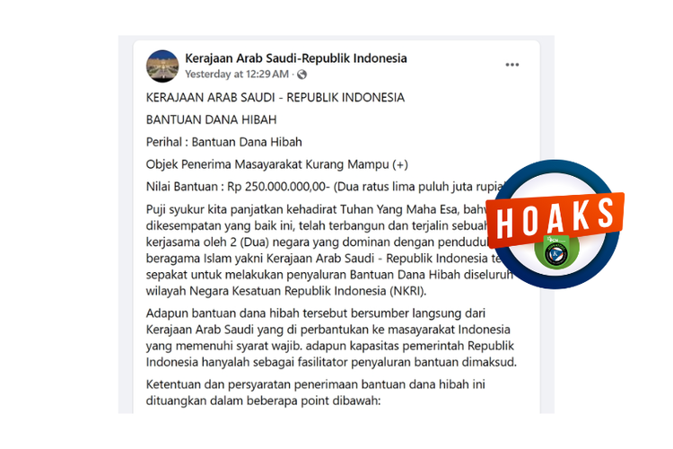 Hoaks, informasi bantuan dana dari Kerajaan Arab Saudi untuk warga tidak mampu di Indonesia