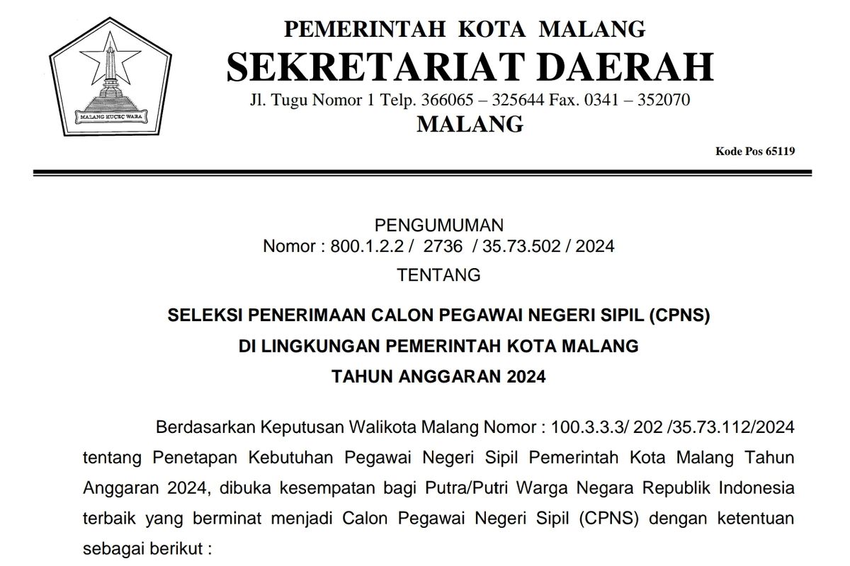 Pengumuman seleksi dan formasi CPNS 2024 di lingkungan Pemerintah Kota Malang.
