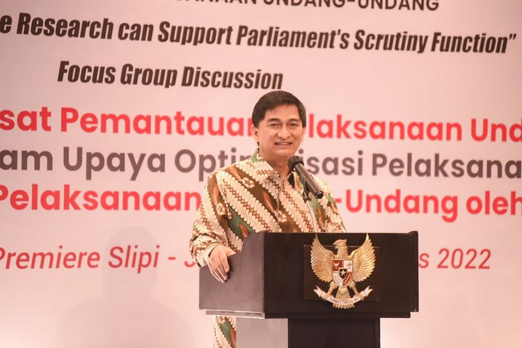 Wakil Ketua Badan Urusan Rumah Tangga (BURT) Dewan Perwakilan Rakyat (DPR) Republik Indonesia (RI) Achmad Dimyati Natakusumah saat menjadi keynote speaker atau pembicara utama dalam Focus Group Discussion (FGD), Jakarta, Rabu, (3/8/2022).
