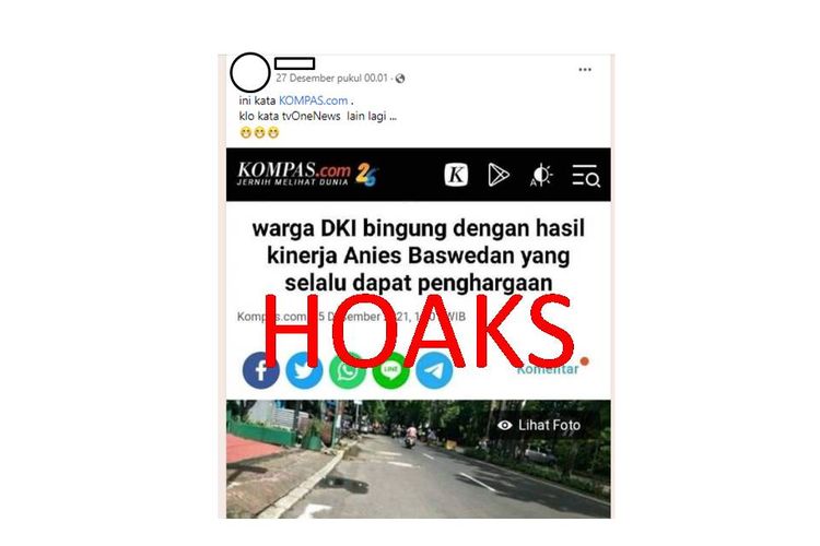 Tangkapan layar unggahan Facebook tentang hoaks berita Kompas