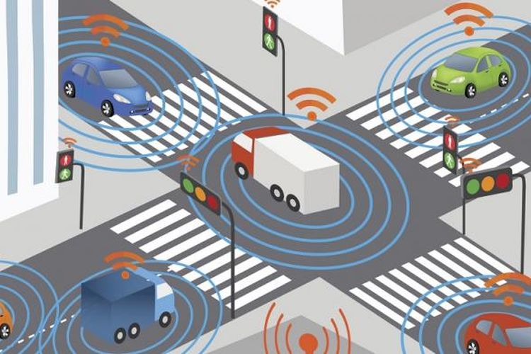 Ilustrasi pengaplikasian internet of things dimana alat transportasi terhubung dengan internet.