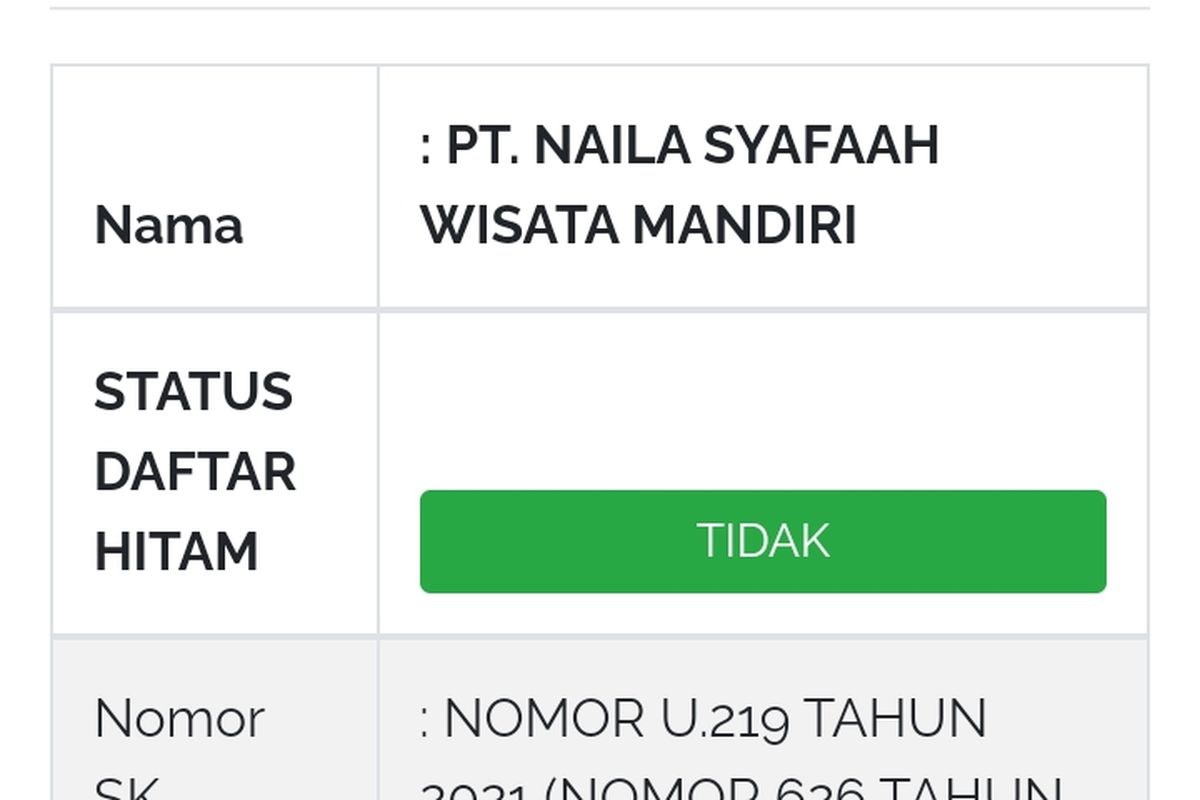 Tangkapan layar situs Kemenag RI yang menampilkan informasi PT Naila Syafaah Wisata Mandiri belum masuk daftar hitam, Jumat (31/3/2023). 