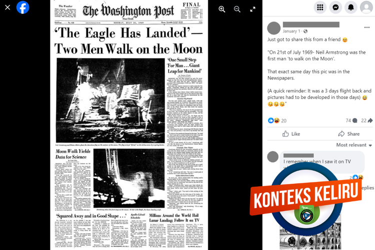 Tangkapan layar konten dengan konteks keliru di sebuah akun Facebook, 1 Januari 2024, berisi halaman depan koran The Washington Post dijadikan sebagai bukti rekayasa pendaratan manusia di Bulan.