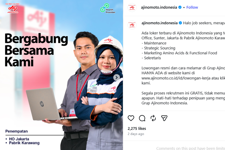 Ajinomoto Indonesia Buka Lowongan Kerja untuk Lulusan SMK hingga S1