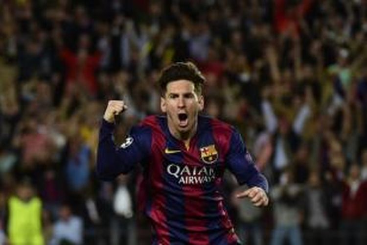 Perayaan gol bintang Barcelona, Lionel Messi, seusai membobol gawang Bayern Muenchen, pada pertandingan semifinal pertama Liga Champions, di Camp Nou, Rabu malam atau Kamis (7/5/2015) dini hari WIB. 