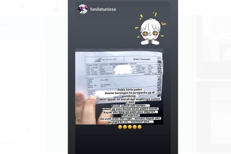 Tangkapan layar Instagram Story salah satu warganet mengirimkan barang menggunakan fasilitas Rail Express.