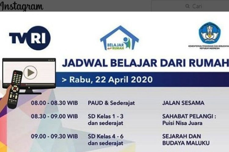 Tangkapan layar Instagram TVRI, jadwal Belajar dari Rumah Rabu 22 April 2020. 