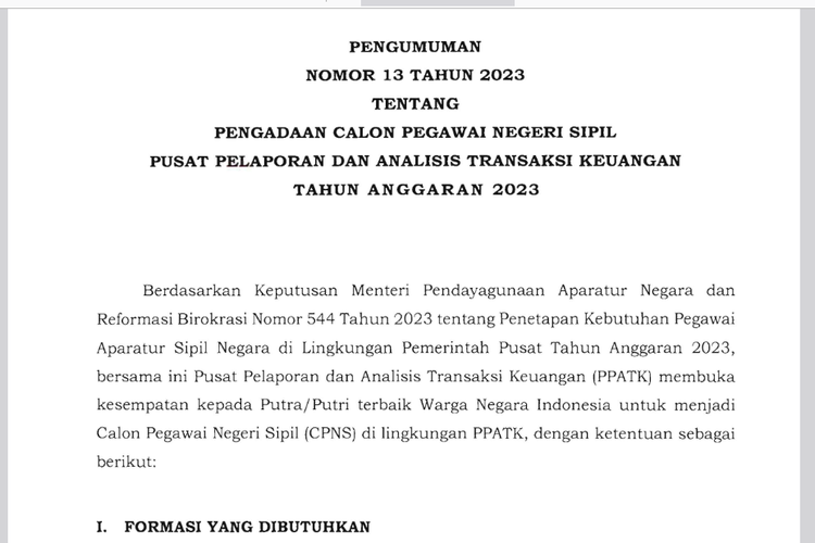 CPNS dan PPPK PPATK 2023. Link pengumuman formasi CPNS dan PPPK 2023 di lingkungan Kementerian/Lembaga.