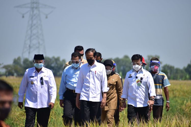 Presiden Jokowi didampingi Menteri Pertanian Syahrul Yasin Limpo dan Dirut Perum Bulog, Budi Waseso saat meninjau lokasi panen raya padi sekaligus berdialog dengan petani di Desa Wanasari, Kecamatan Bangodua, Kabupaten Indramayu, Rabu (21/4/2021). 