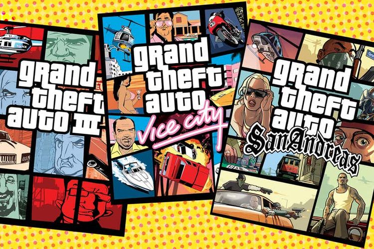 Ilustrasi game GTA III, GTA Vice City, dan GTA San Andreas.