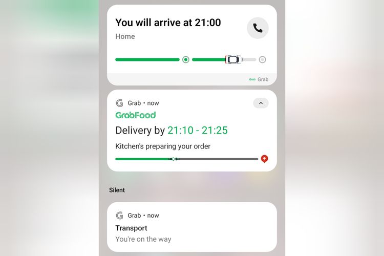 Ilustrasi notifikasi proses perjalanan ojol dan antar makanan via aplikasi Grab di Oppo Reno 11 Series.