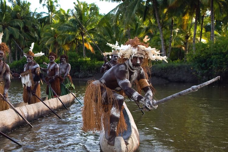 INDONESIA, IRIAN JAYA, ASMAT PROVINCE - JANUARY 18: Headhunters of a tribe of Asmat show traditional and national customs, dresses, the weapon and boats.New Guinea Island, Indonesia. January 18 2009