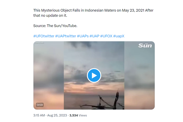 Tangkapan layar video dinarasikan UFO jatuh di laut Indonesia