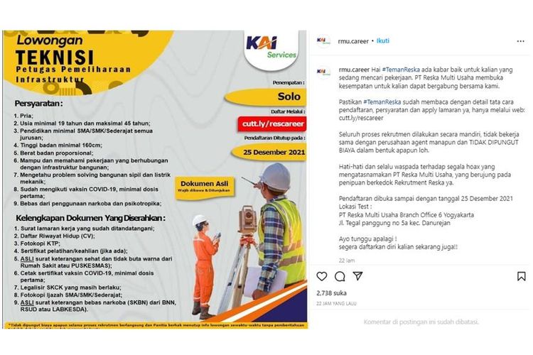 Tangkapan layar unggahan Instagram tentang lowongan kerja di anak usaha KAI