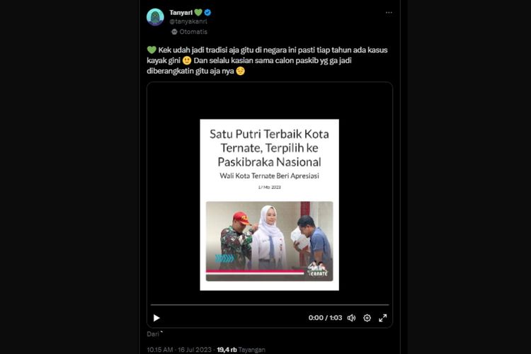 Nanda Maulidya, siswi SMA N 8 Kota Ternate batal diberangkatkan ke Jakarta sebagai Paskibraka walau sudah lolo seleksi sebagai perwakilan Maluku Utara.
