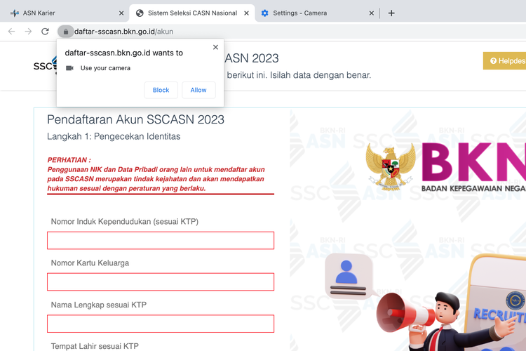 Mengizinkan website SSCASN untuk mengakses webcam supaya bisa swafoto.