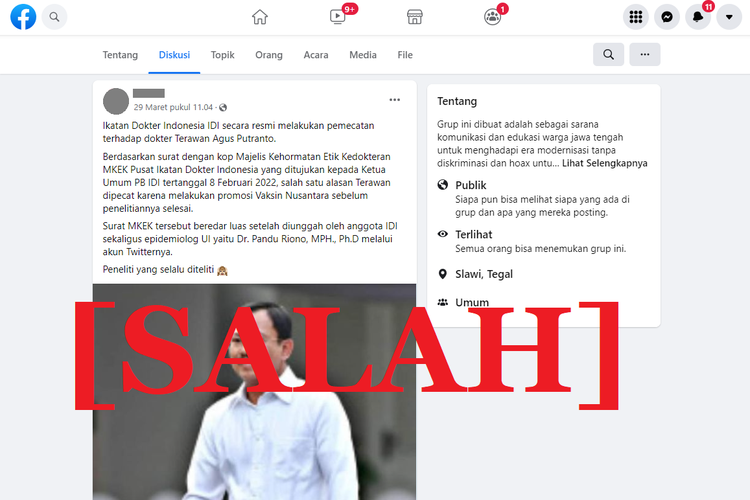 Tangkapan layar informasi keliru di sebuah akun Facebook, mengenai Terawan yang dikeluarkan dari keanggotaan IDI karena vaksin Nusantara.