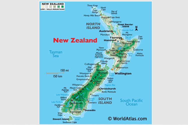 Peta negara Selandia Baru atau New Zealand.