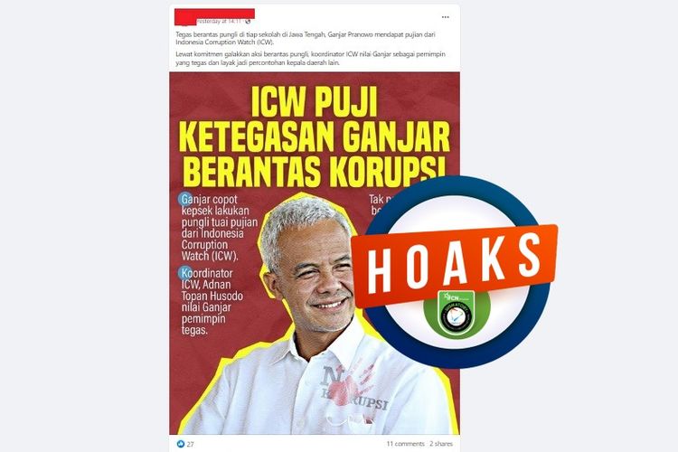 Tangkapan layar Facebook poster yang mengklaim ICW memberikan pujian kepada Ganjar terkait pemberantasan korupsi