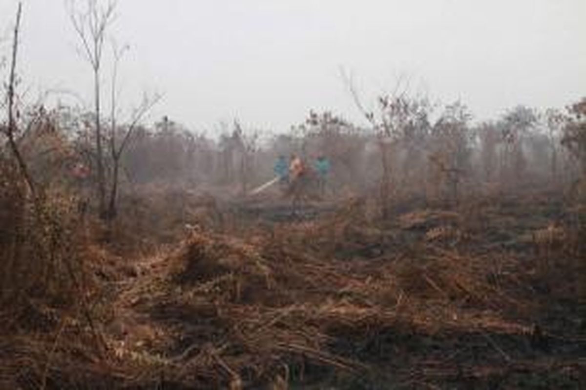 Anggota Manggala Agni Daops Singkawang melakukan pemadaman kebakaran hutan gambut di Desa Telok Ampening, Kecamatan Terentang, Kabupaten Kubu Raya, Kalbar, Jumat (25/9/2015).